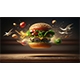 exploding-burger-with-vegetables-melted- food cheese-black-background-generative-ai